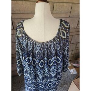 Liz & Me Platinum 4X Blouse Blue Geometric Sheer Overlay Plus Size‎